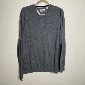 Lacoste Sweater Men’s 3XL Grey V-Neck Pullover Crocodile Logo Sweatshirt Office